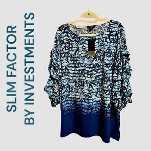 Flattering NWT Slim Factor 2XL 95% Polyester 5% Spandex Billowy 3/4 sleeves Blue
